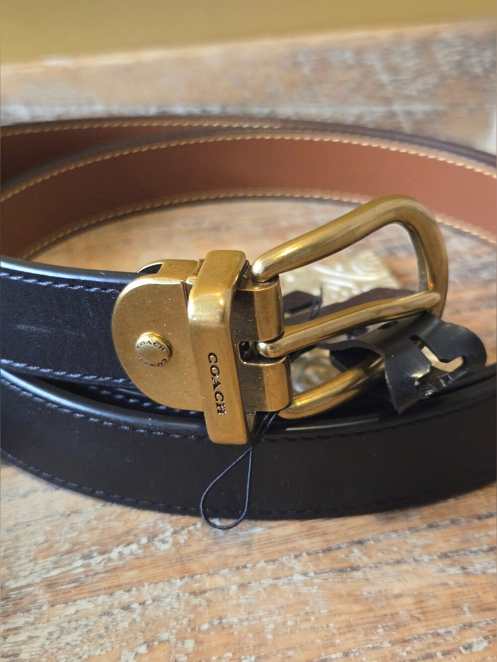 Coach Harness Leather Belt Black Saddle Tan Brass Buckle Size Large 72450